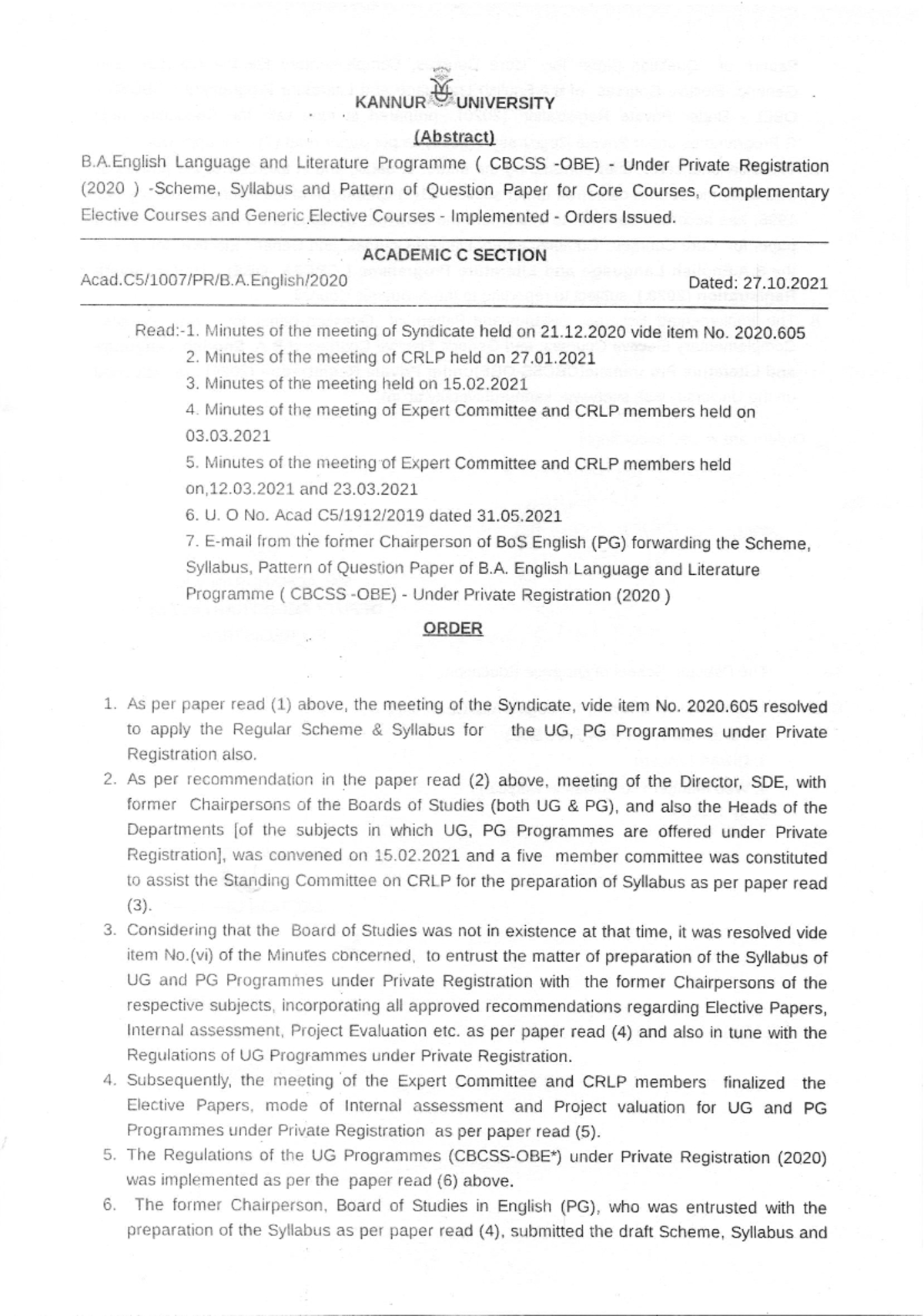 BA English - rYr KANNUR Y UNIVERSITY (Abstract) B-A Language and ...