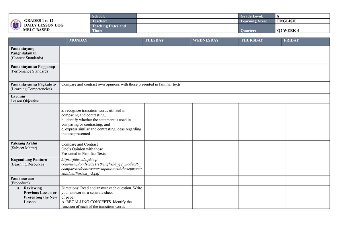 MELC DLL ENG 8 WEEK 4 Q2 done - GRADES 1 to 12 DAILY LESSON LOG MELC ...