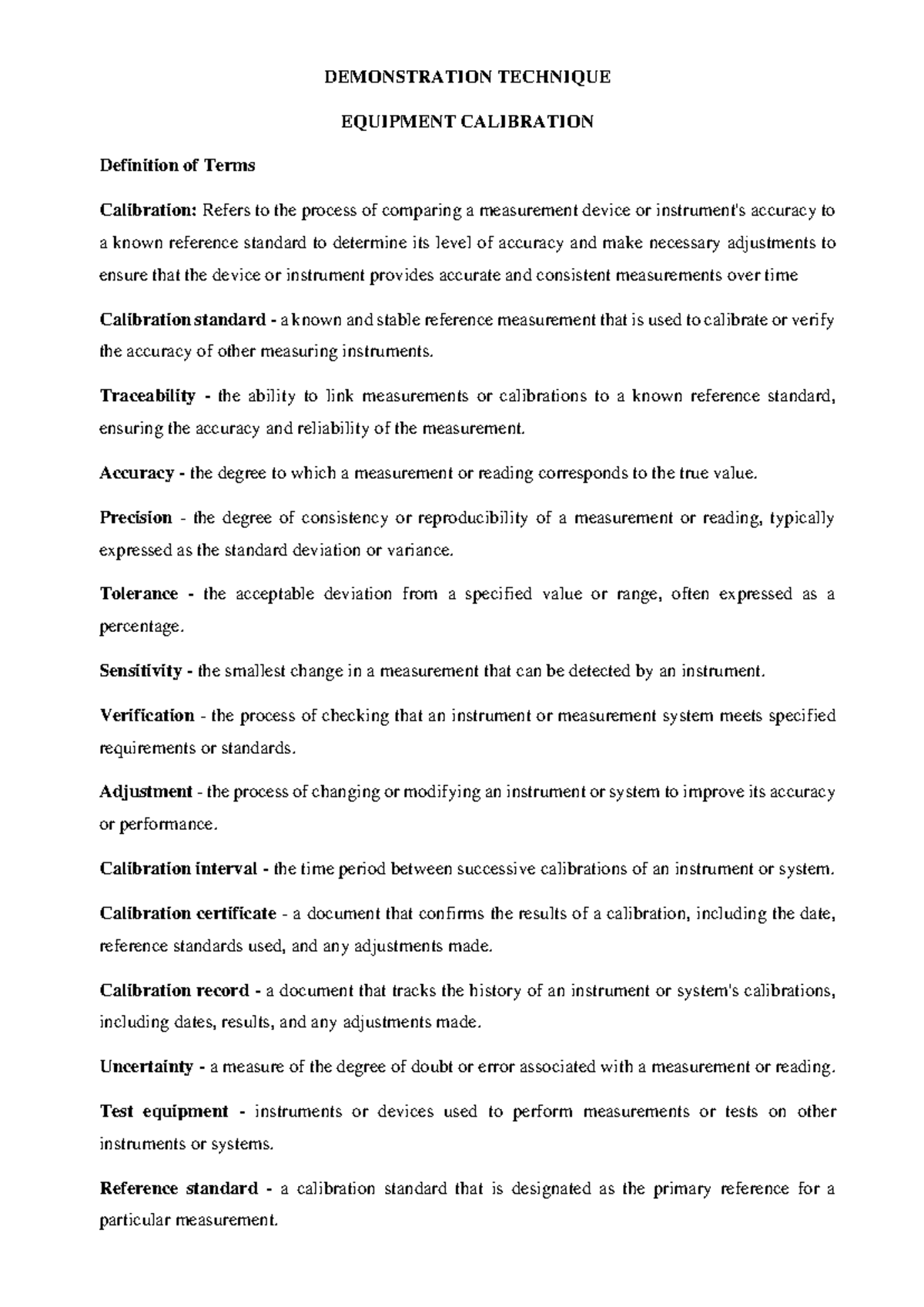Demonstration Technique DEMONSTRATION TECHNIQUE EQUIPMENT CALIBRATION