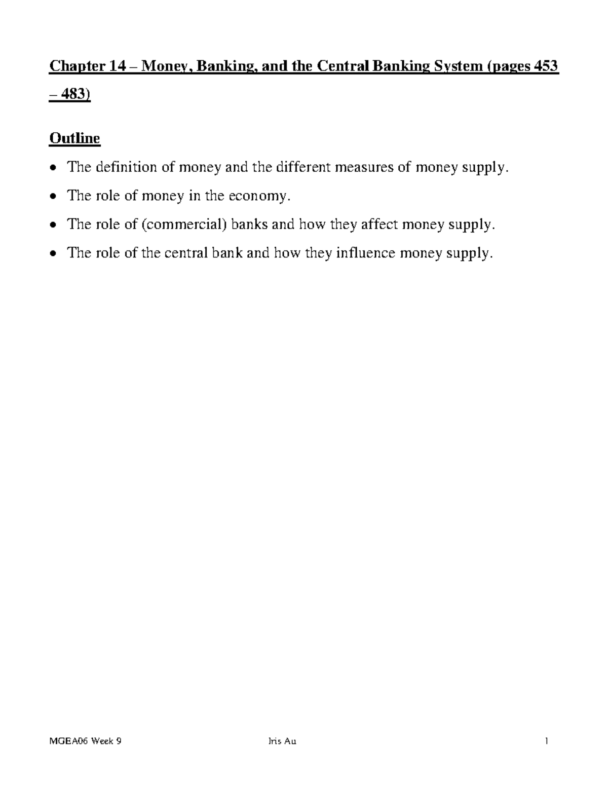 Week 9 - Money and the Banking System - **Chapter 14 – Money, Banking ...