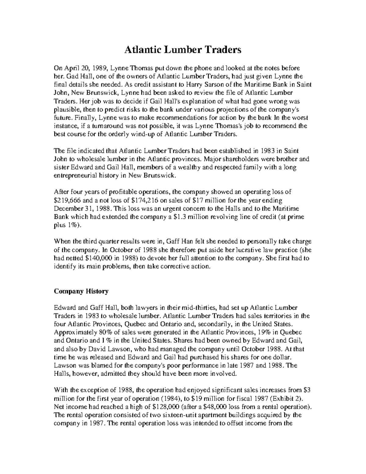 Case Study Unit 4 Atlantic Lumber Traders Atlantic Lumber Traders