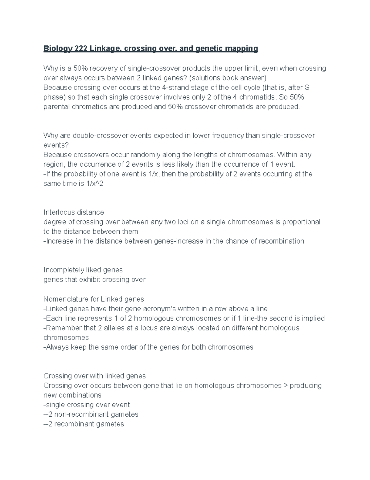 Biology 222 Linkage, crossing over, and genetic mappingr- Definitions ...