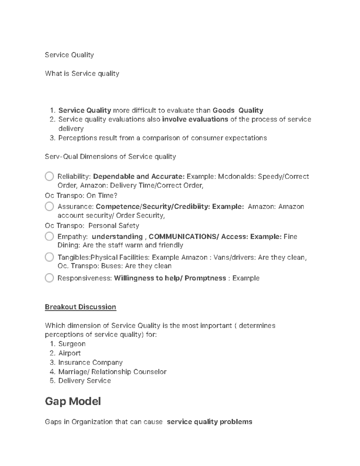 Service Quality :Dimensions of service quality ...