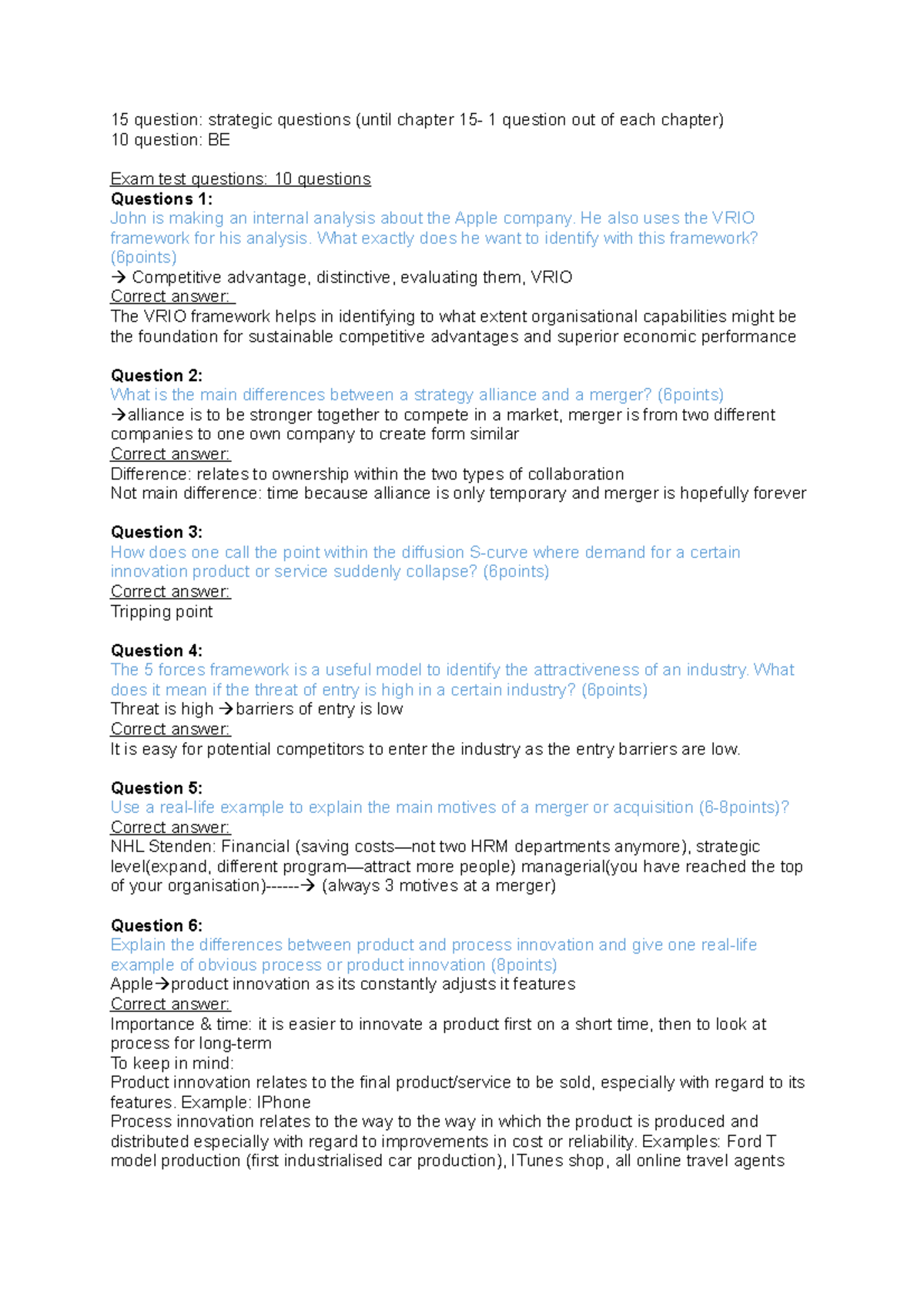 Exam test questions Example 15 question strategic questions (until