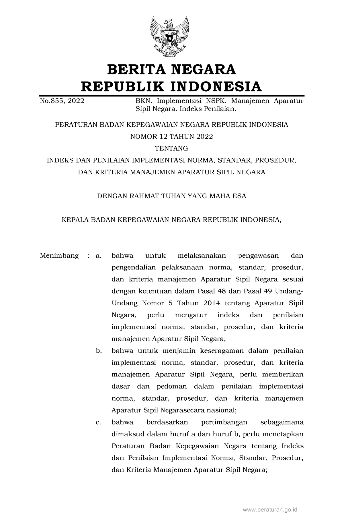 Peraturan BKN Nomor 12 Tahun 2022 2 - BERITA NEGARA REPUBLIK INDONESIA ...