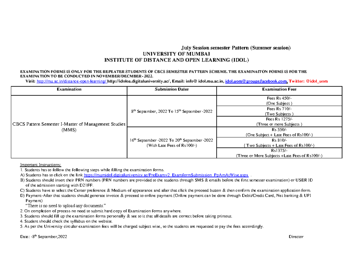 MMS Sem I Examination forms for repeaters July Session semester