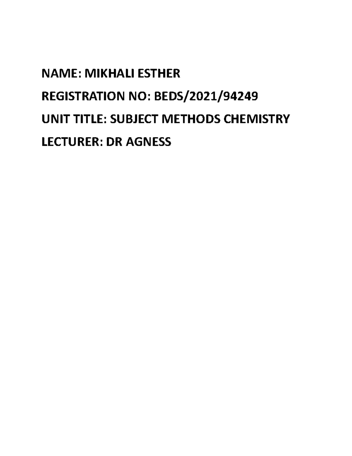 Mikhali esther scheme of work and lesson plan NAME MIKHALI ESTHER