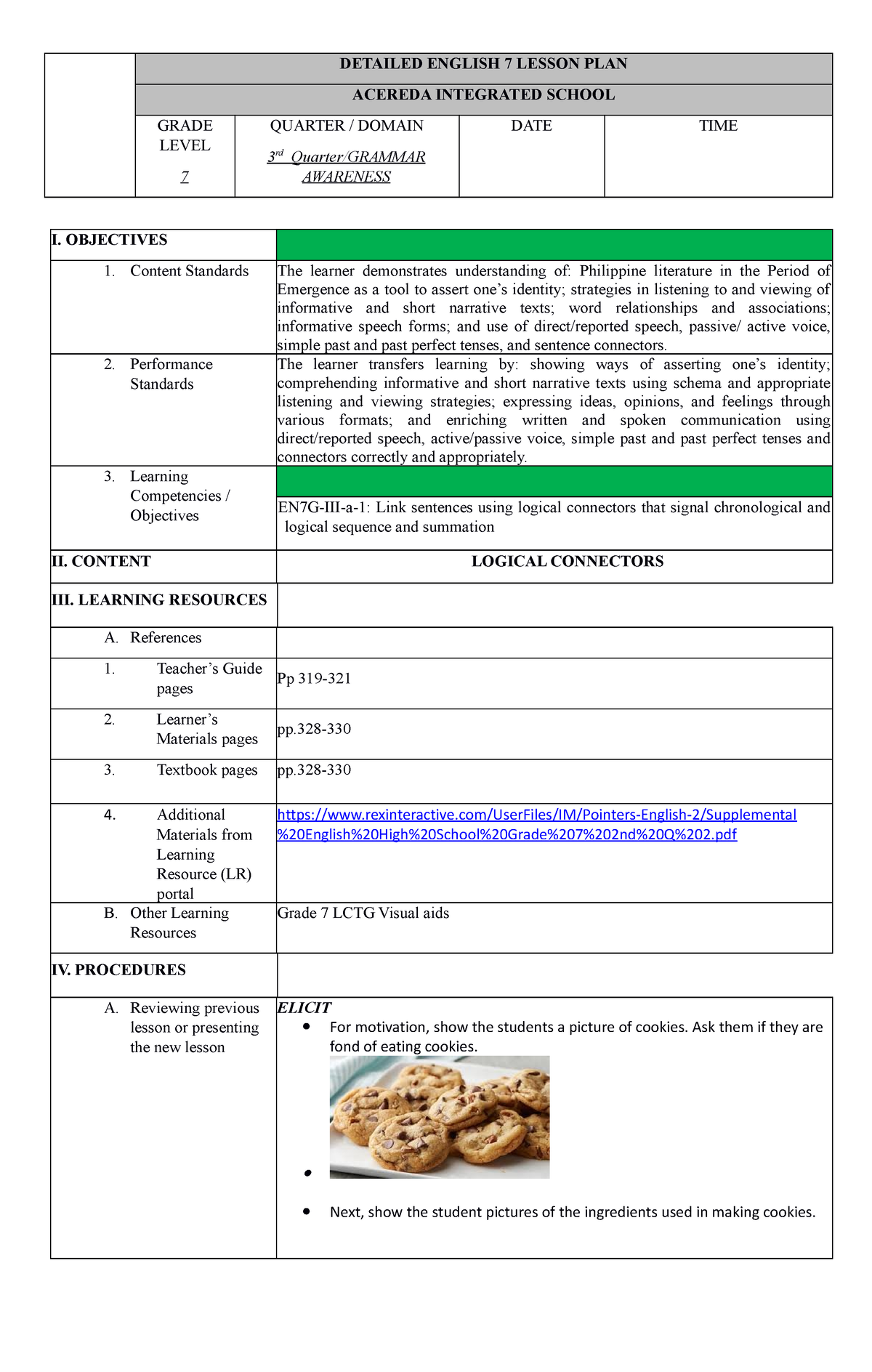 Englsih 7 Lp Cot - Lesson Plan In English 7 - DETAILED ENGLISH 7 LESSON ...