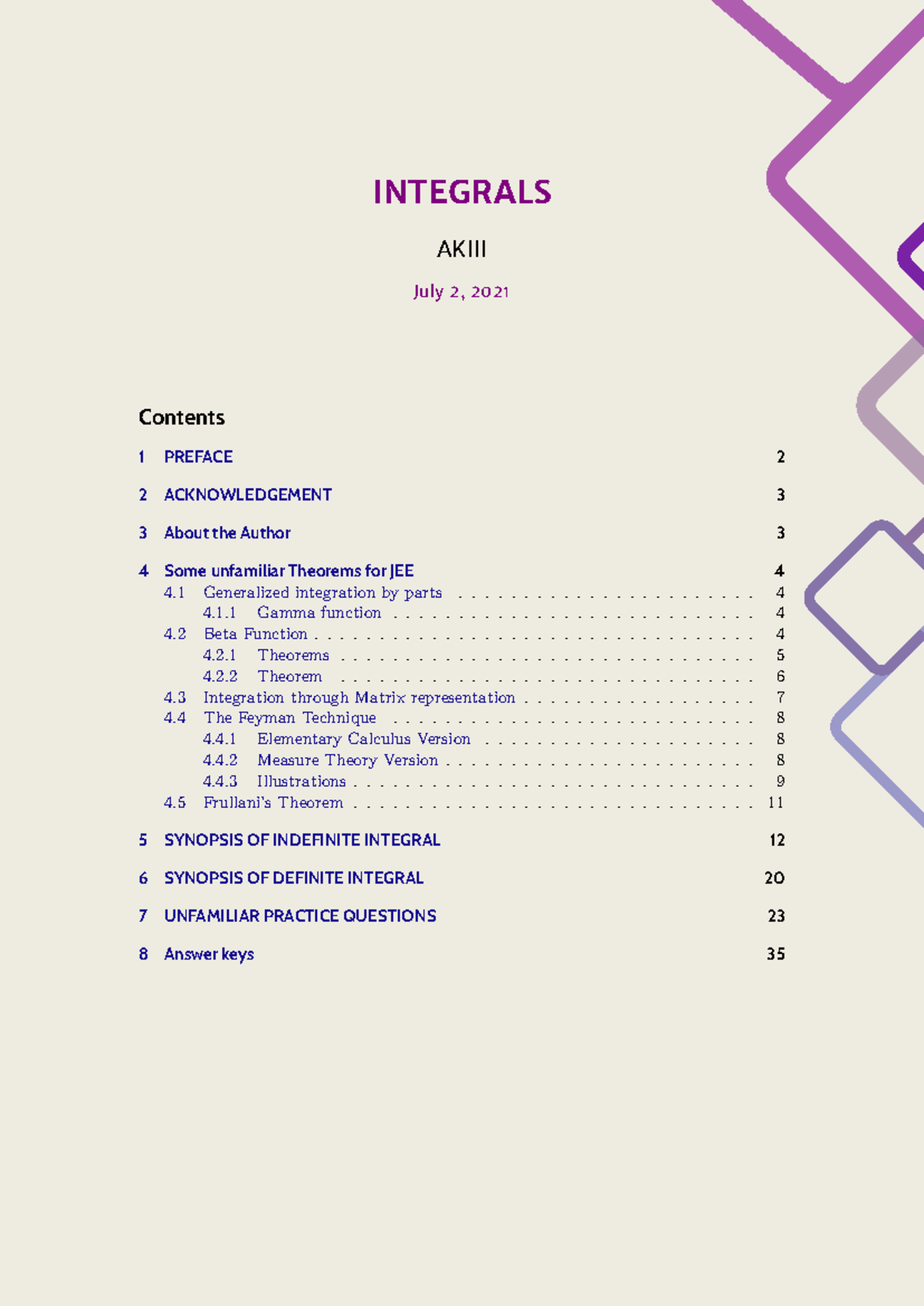 Integrals Updated - integration - INTEGRALS - July 2, AKIII 1 PREFACE ...