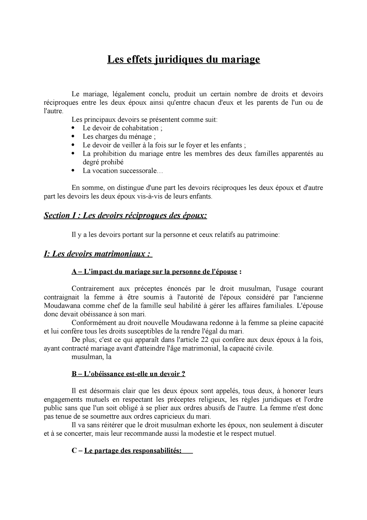 exemple de dissertation juridique sur le mariage