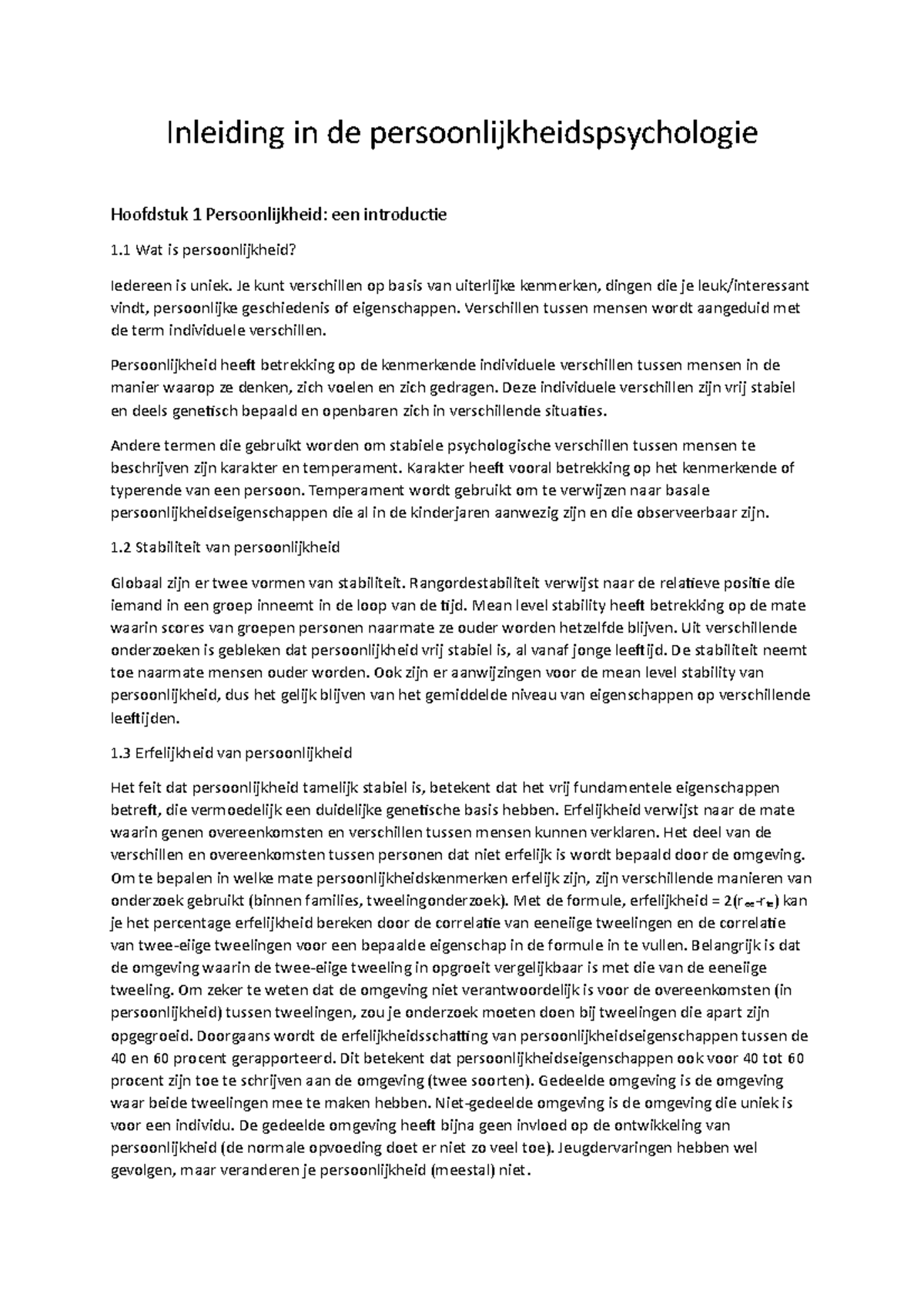 Samenvatting Pdv 1 - Inleiding In De Persoonlijkheidspsychologie ...