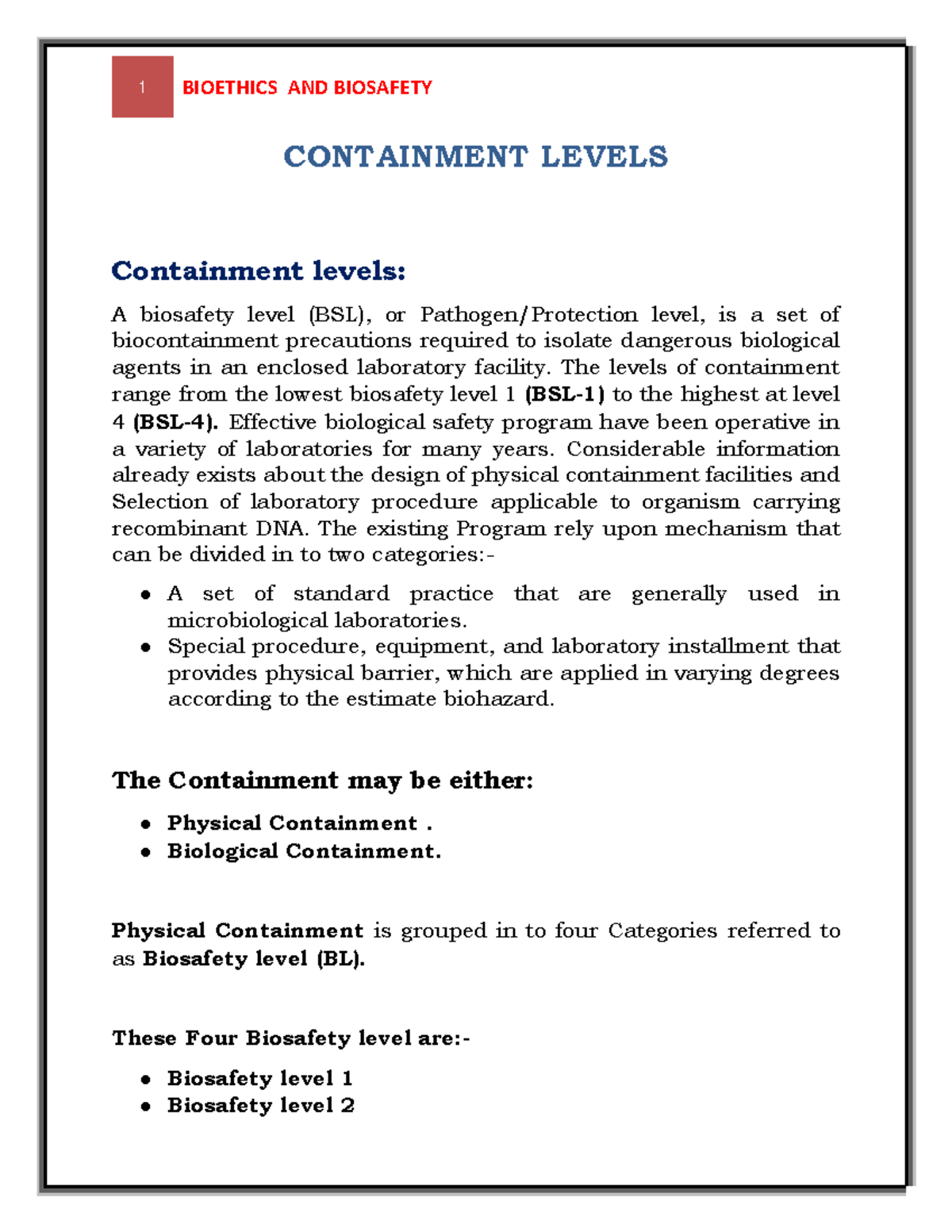 Containment Levels ( Bioethics AND Biosafety) - Bioethics & Biosafety ...