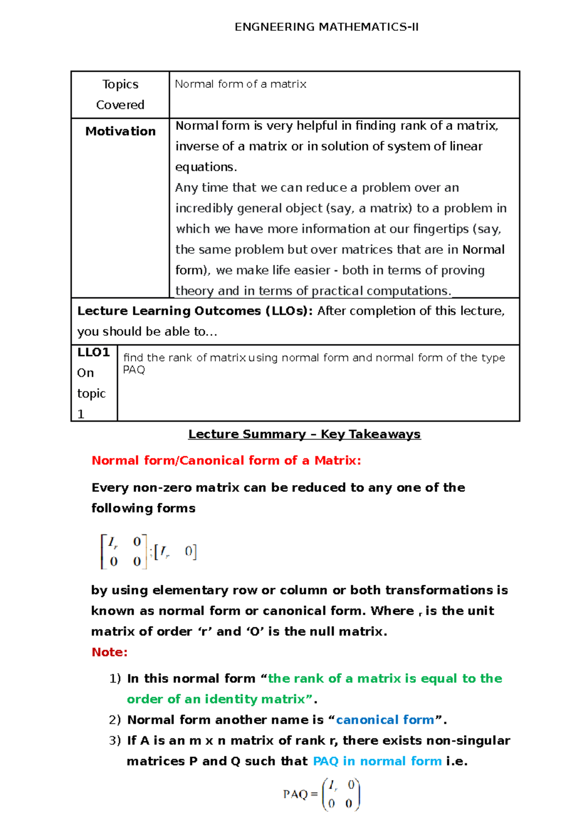 Normal form of a matrix - ENGNEERING MATHEMATICS-II Topics Covered ...
