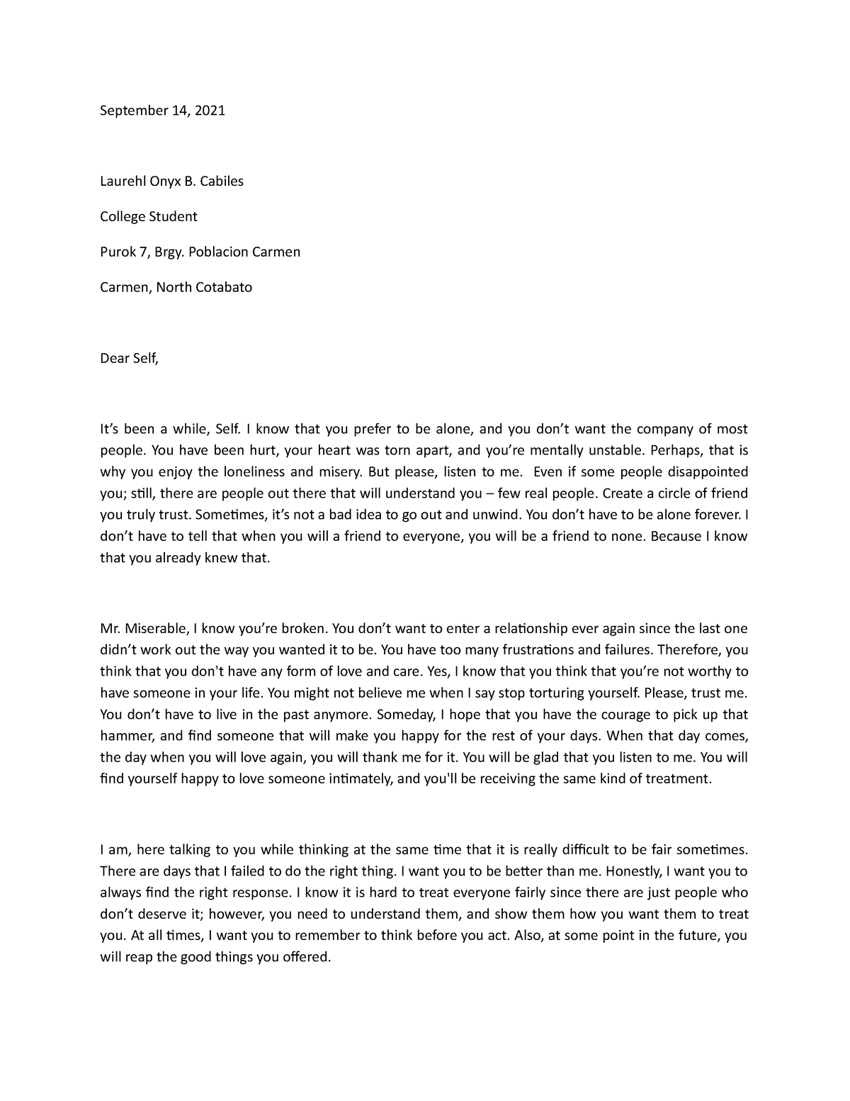 Cabiles Dear Self - Essay about self - September 14, 2021 Laurehl Onyx ...