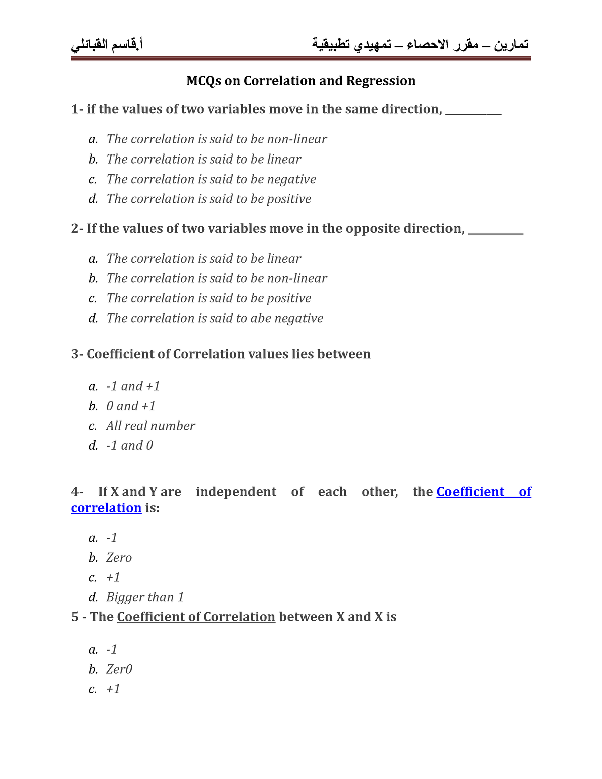 MCQs On Correlation And Regression - Statistics - Studocu