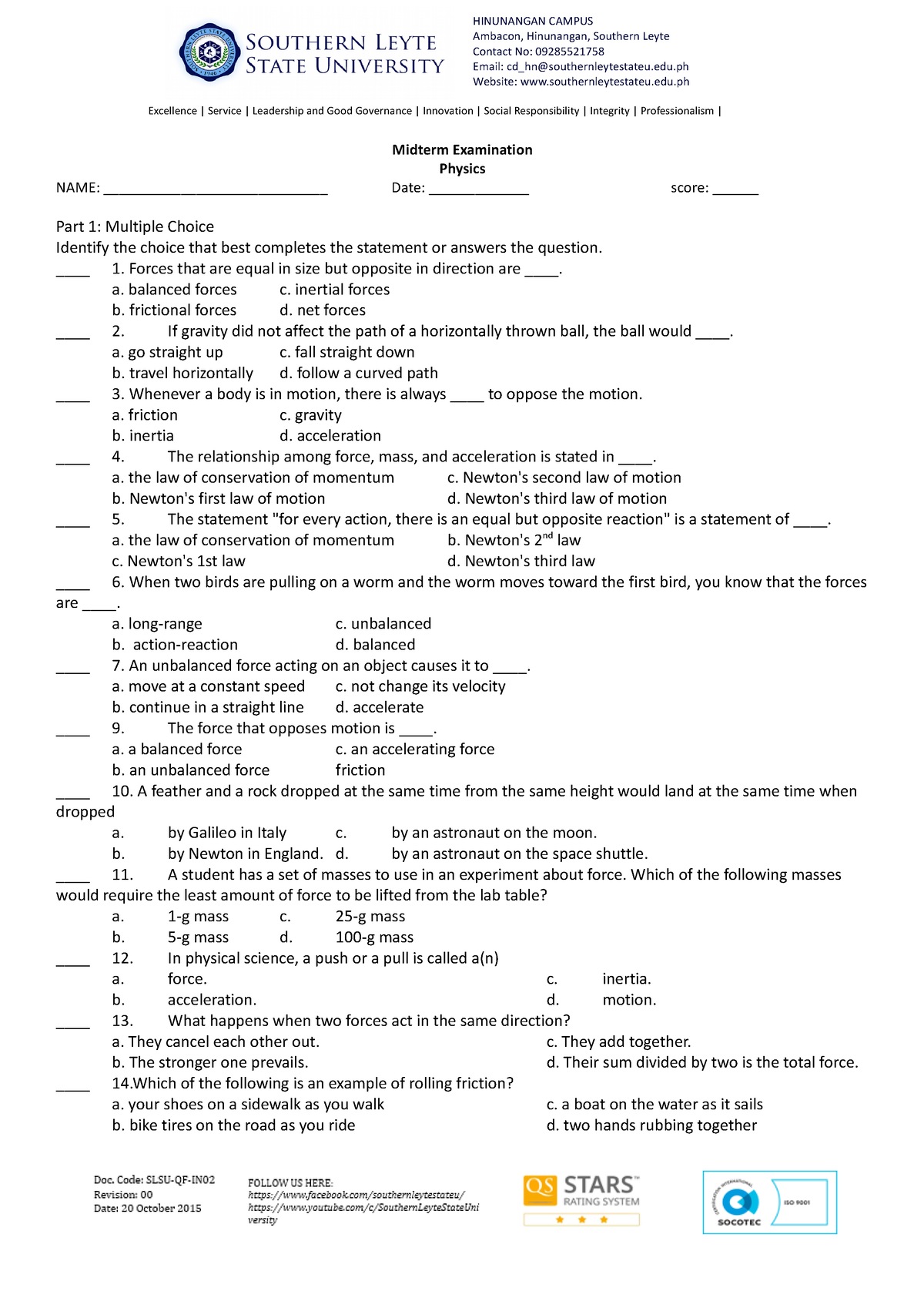 Midterm Examination-Physics - Midterm Examination Physics NAME