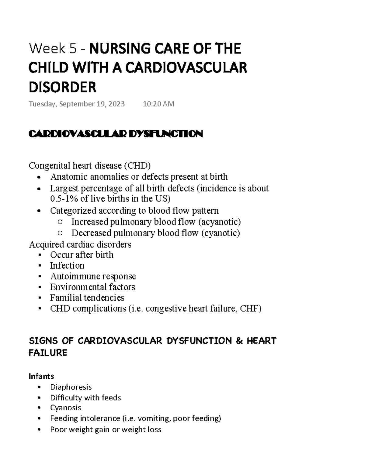 Week 5 - Nursing CARE OF THE Child WITH A Cardiovascular Disorder ...