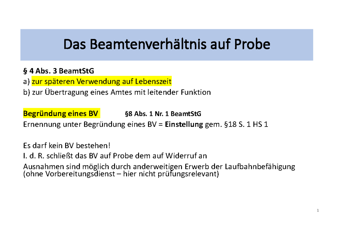 Beamte auf Probe Mitschiften (Beamtenrecht) - Klasse - Studocu