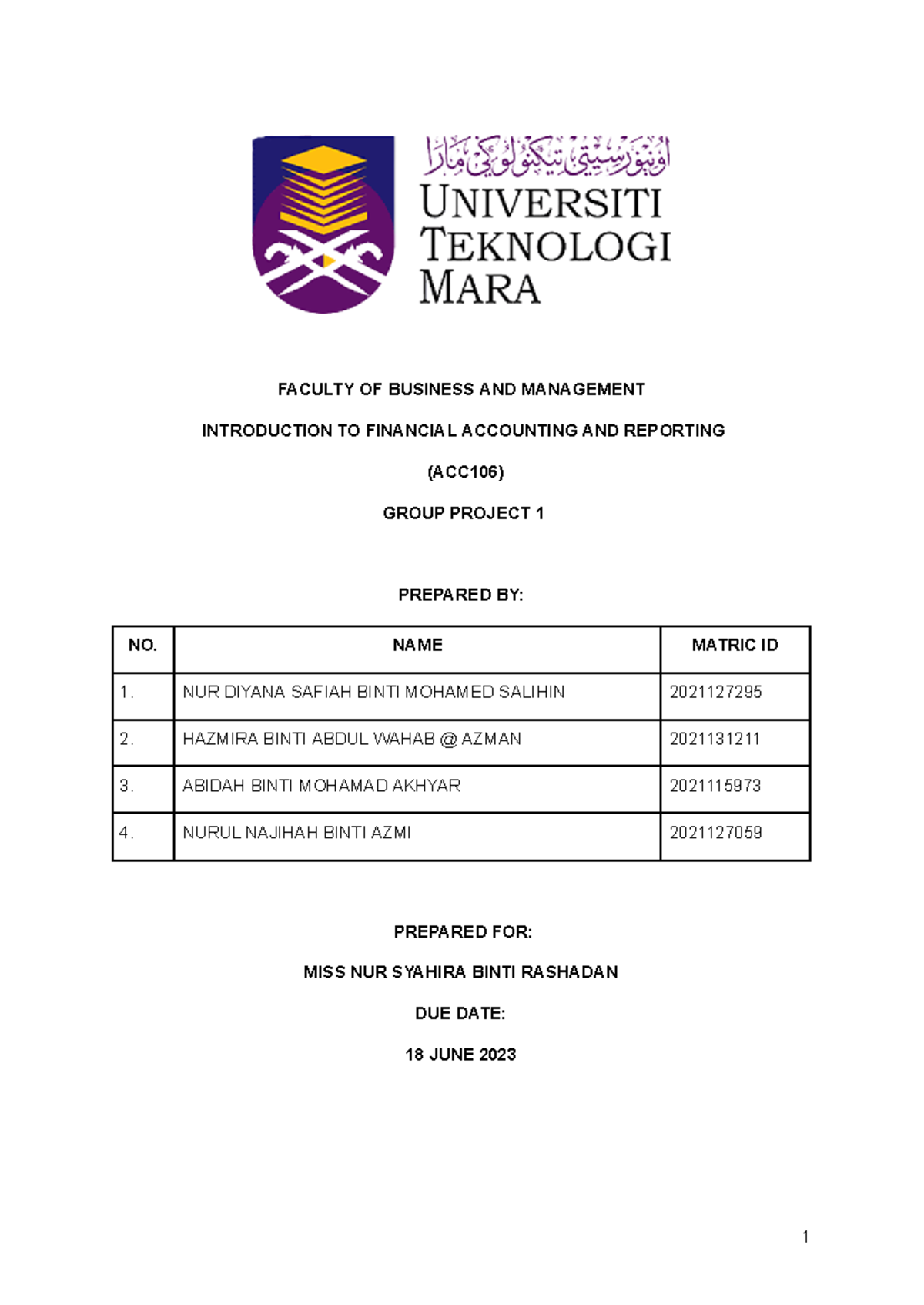 Group Project report Group 2 - FACULTY OF BUSINESS AND MANAGEMENT ...
