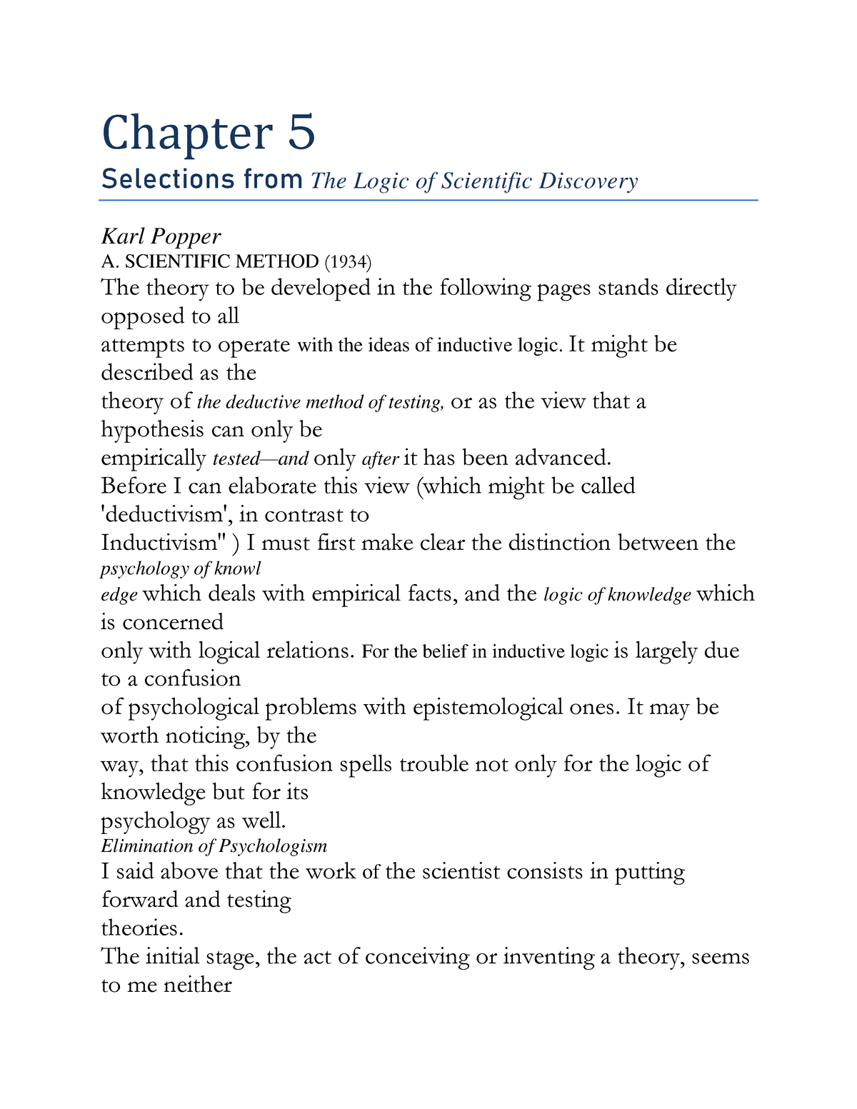 Chapter 5 Selections From The Logic Of Scientific Discovery Scientific Method 1934 The 