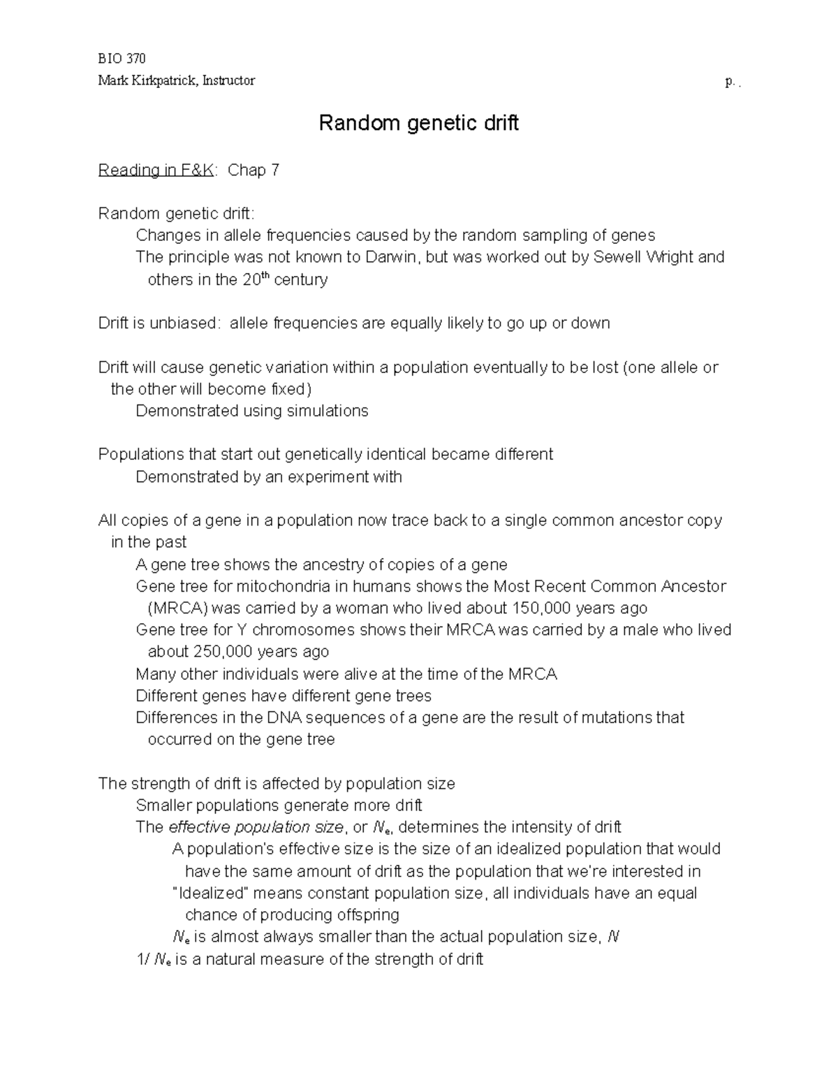 7) Drift outline evolution notes BIO 370 Mark Kirkpatrick