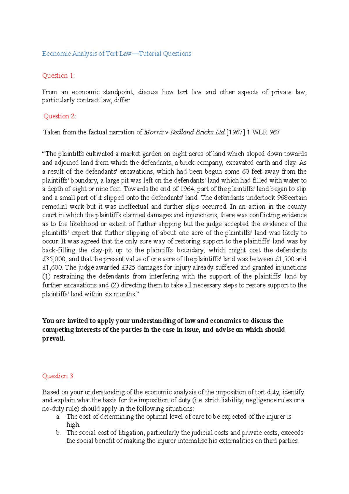 Law and Economics Tutorial Questions - Economic Analysis of Tort Law ...