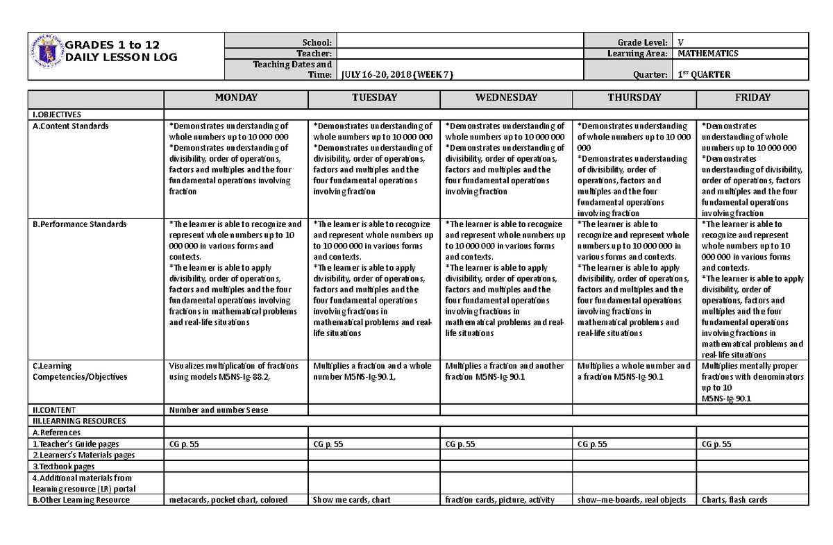 DLL Mathematics 5 Q1 W7 - GRADES 1 to 12 DAILY LESSON LOG School: Grade ...