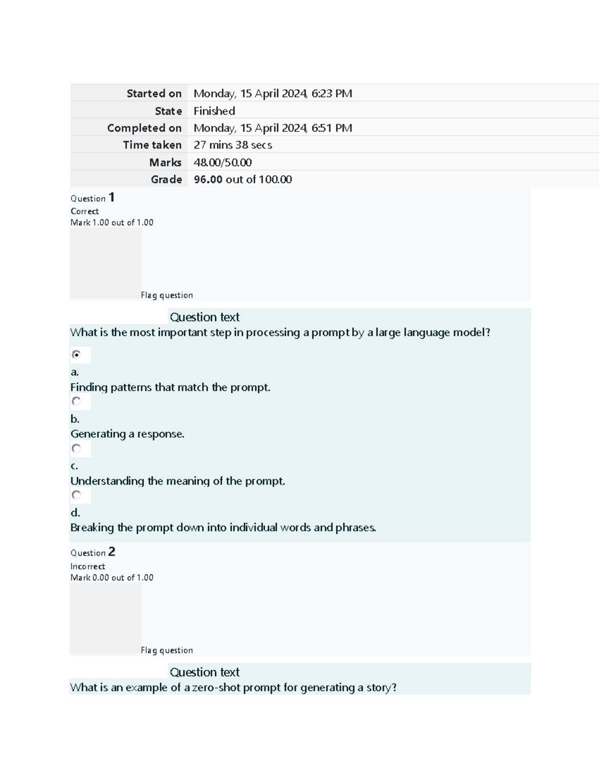 AI Prompt Prelim EXAM - Started on Monday, 15 April 2024, 6:23 PM State ...