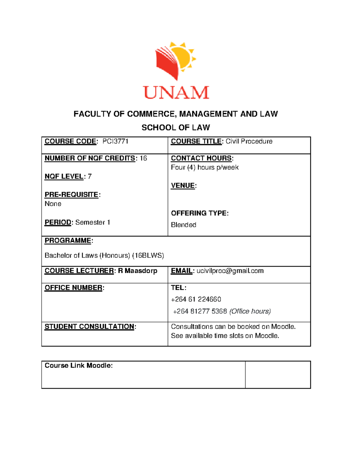 2024 Course Outline Civil Procedure Pci3771 Faculty Of Commerce