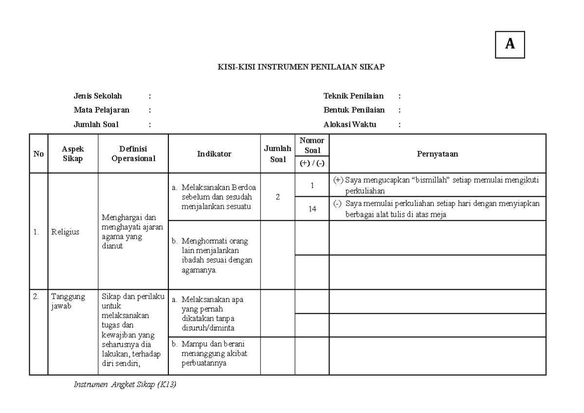 1a. Lembar Kisi-Kisi Penilaian Sikap 2013 - KISI-KISI INSTRUMEN ...