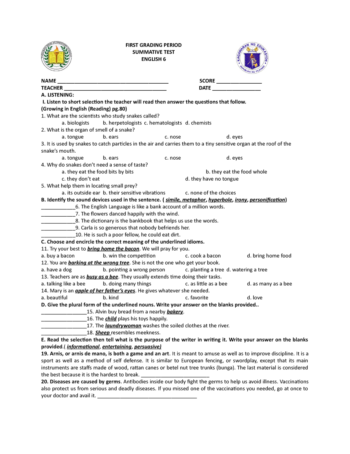 English 6 Summative Test - FIRST GRADING PERIOD SUMMATIVE TEST ENGLISH ...