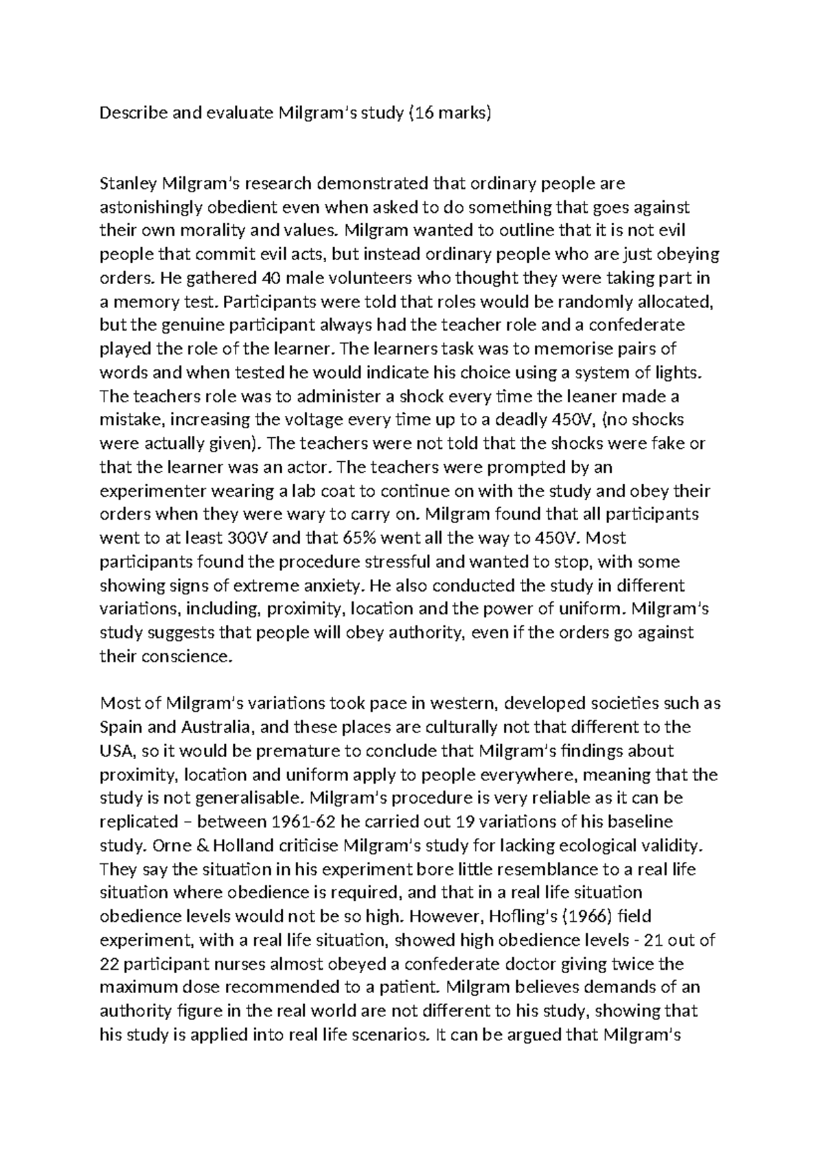 Milgram 16 marker - Describe and evaluate Milgram’s study (16 marks ...