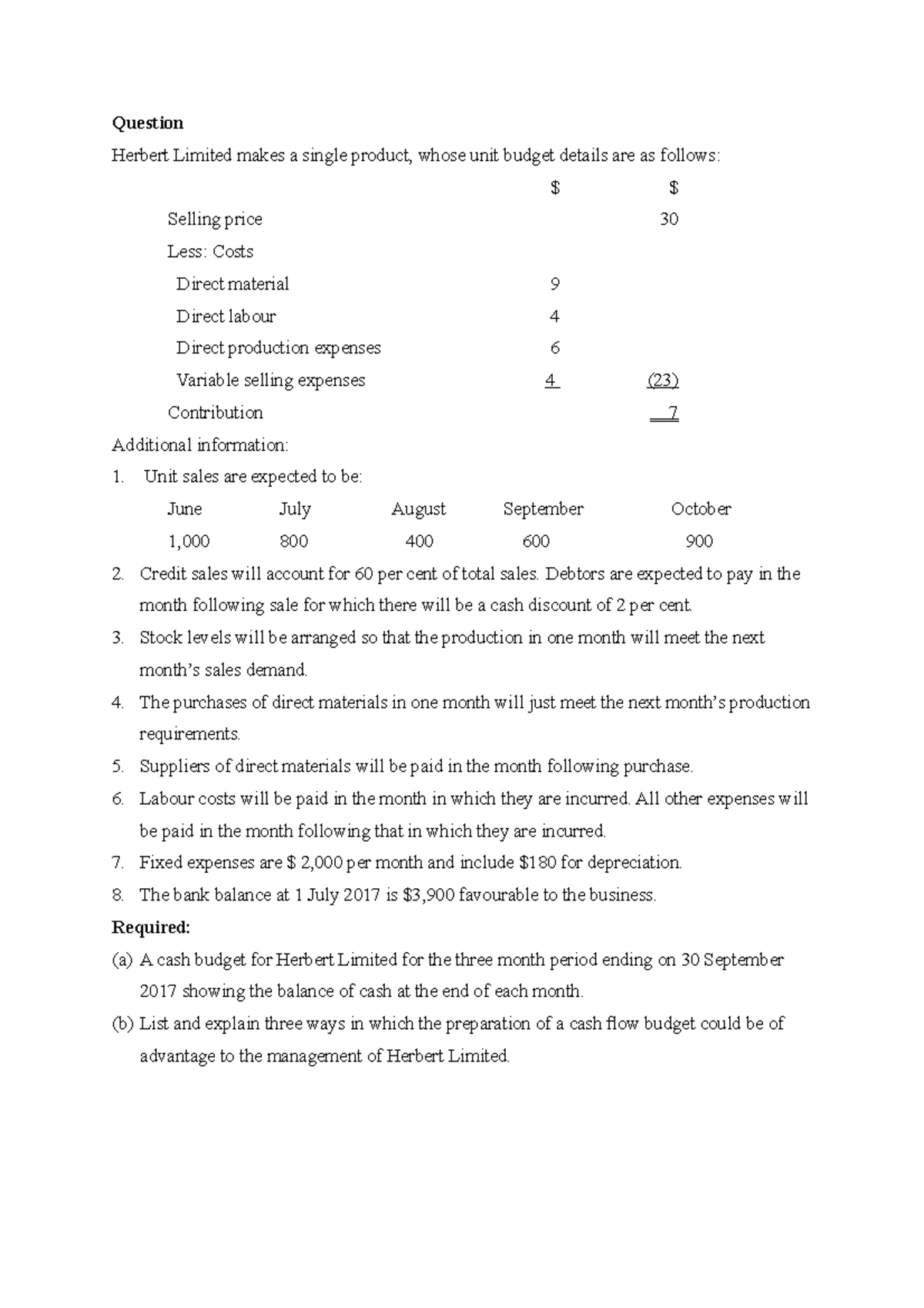 Managerial Accounting Chapter 9 Question Question Herbert Limited