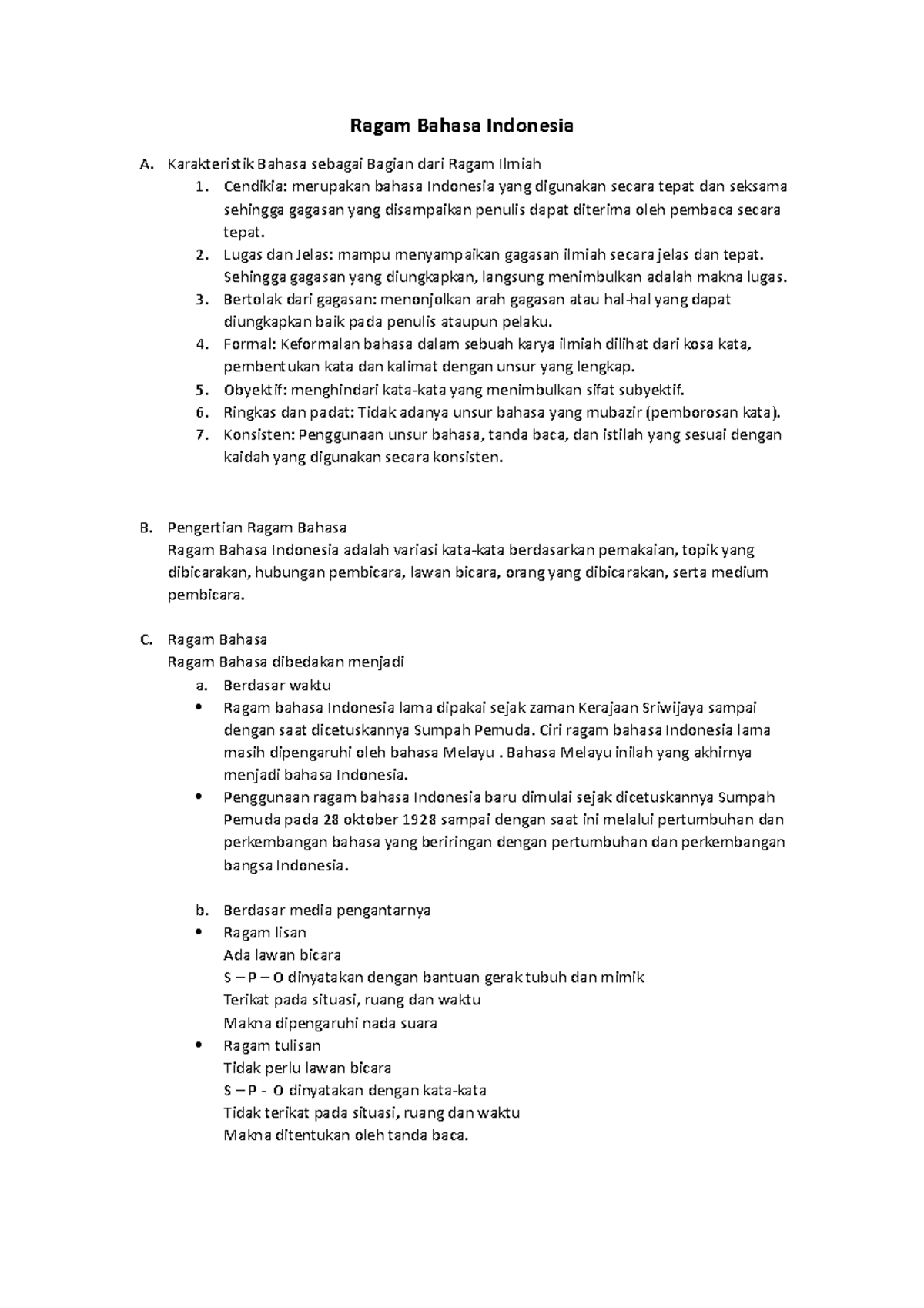 Ragam Bahasa Indonesia Karakteristik Bahasa sebagai Bagian dari Ragam