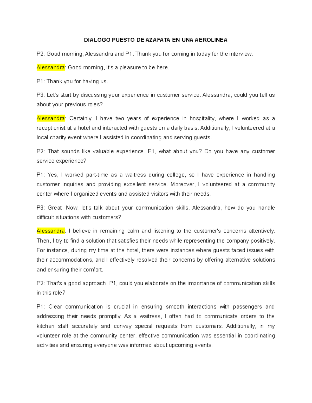 Dialogo Ingles TA2 - DIALOGO PUESTO DE AZAFATA EN UNA AEROLINEA P2 ...