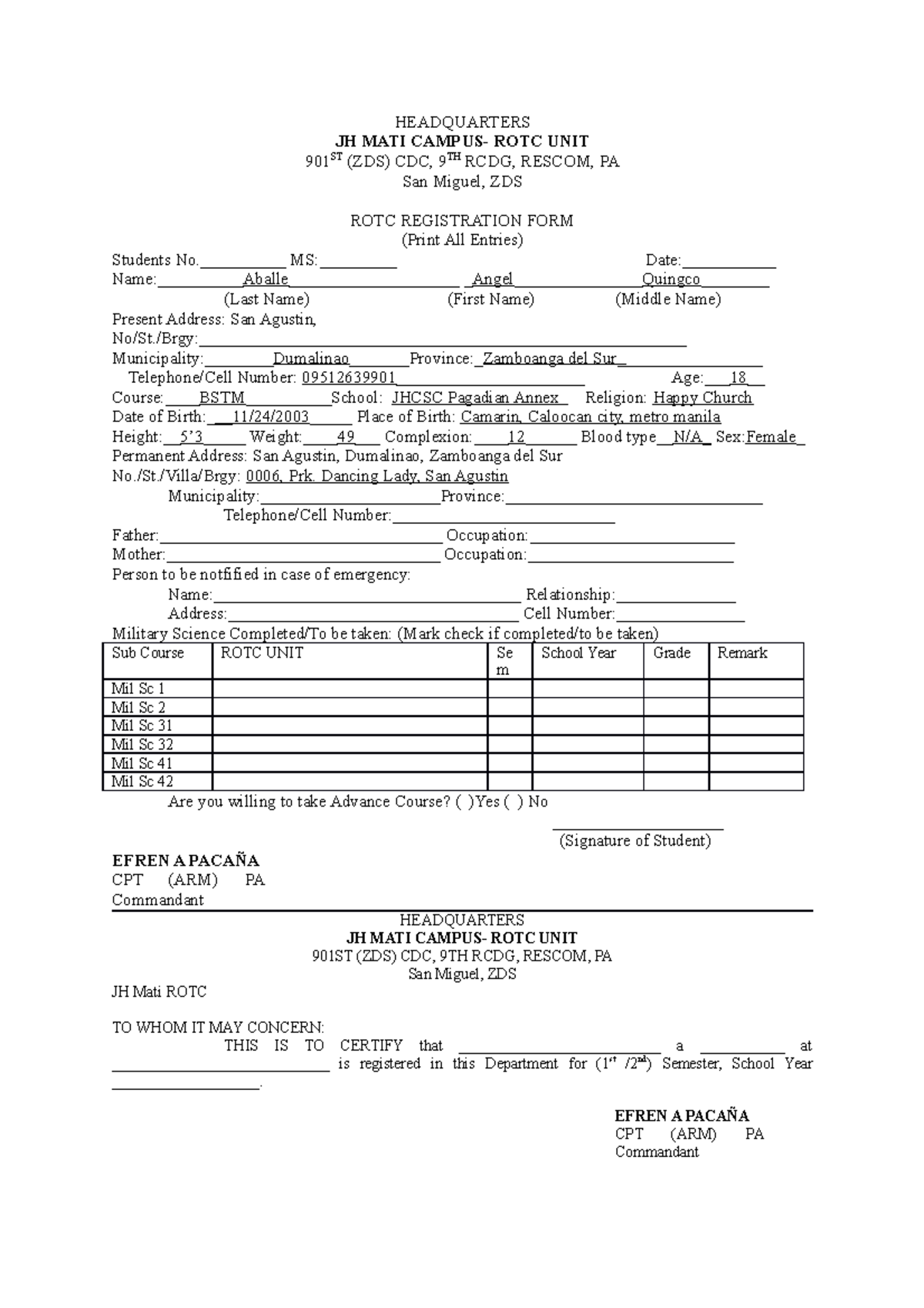 ROTC FORM - ROTC FORM FOR MILITARY TRAINING - HEADQUARTERS JH MATI ...