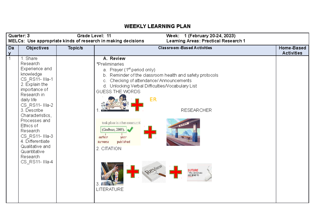 WHLP PR 1 QI WK1 2 - WEEKLY HOME LEARNING PLAN - WEEKLY LEARNING PLAN ...