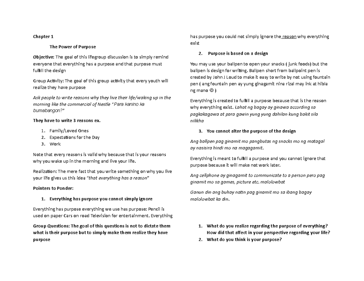 Purpose Driven Life 1 - Chapter 1 The Power of Purpose Objective: The ...