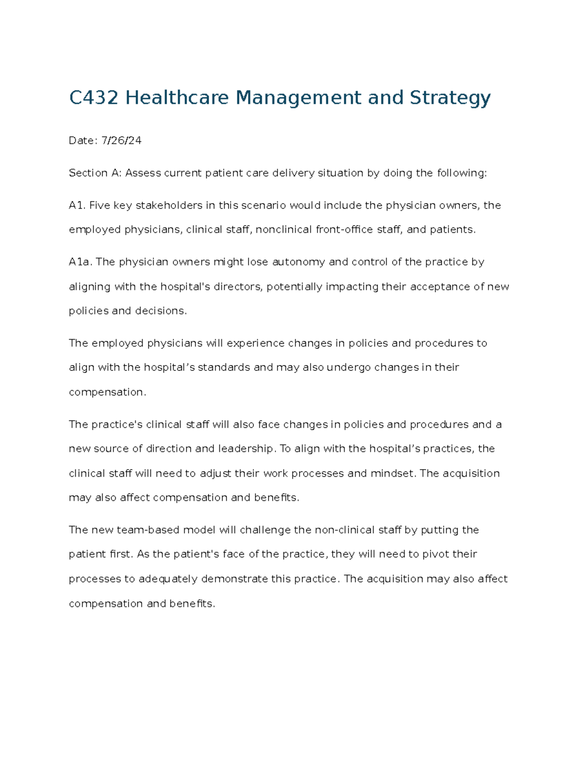 C432 Healthcare Management and Strategy - Five key stakeholders in this ...