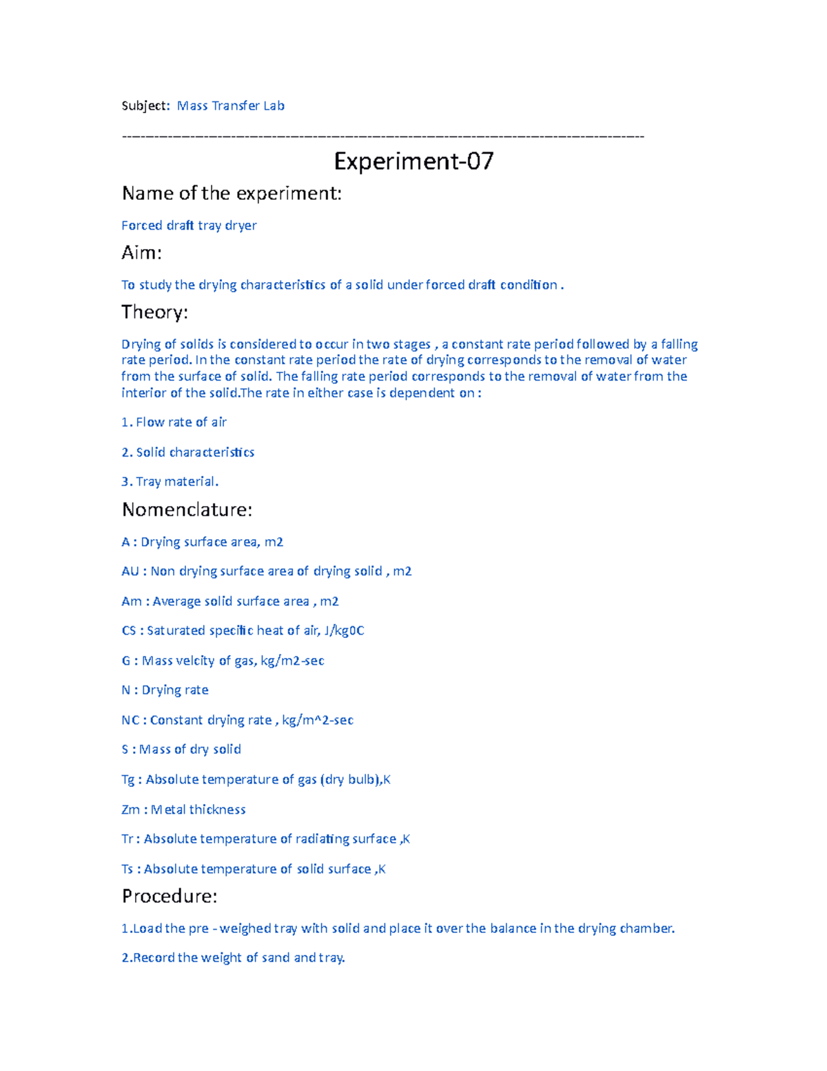 Experiment07 (Forced draft tray dryer) Subject Mass Transfer Lab