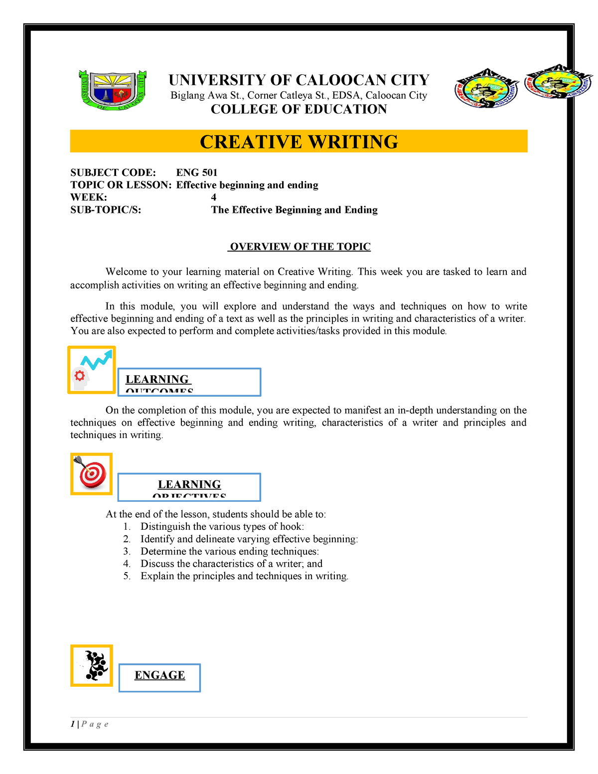 500874771 ENGL 501 Creative Writing Module 3 - UNIVERSITY OF CALOOCAN ...