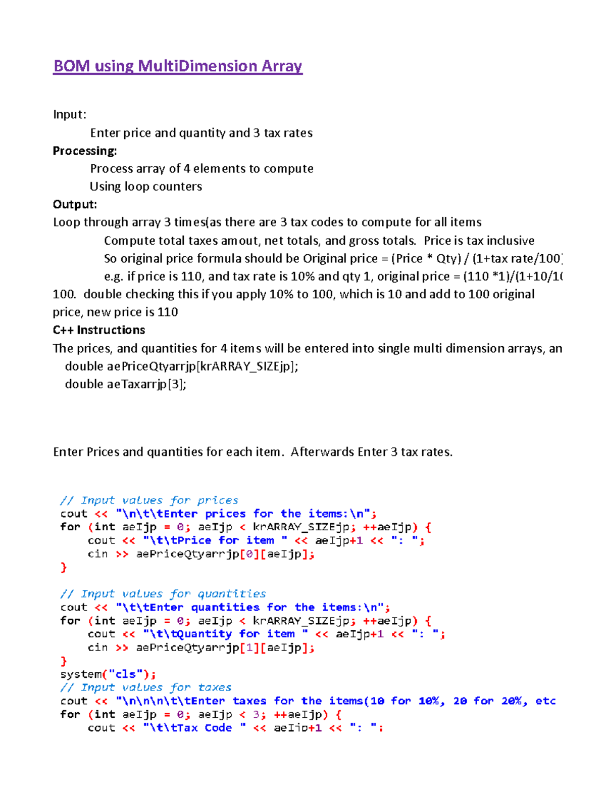 Evaristo Punsalan Reyes EX 4 - BOM using MultiDimension Array Input ...