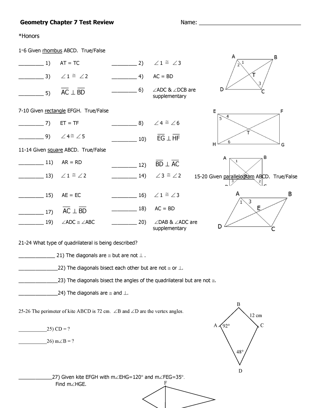 Review Guide For Geometry - Geometry Chapter 7 Test Review Name