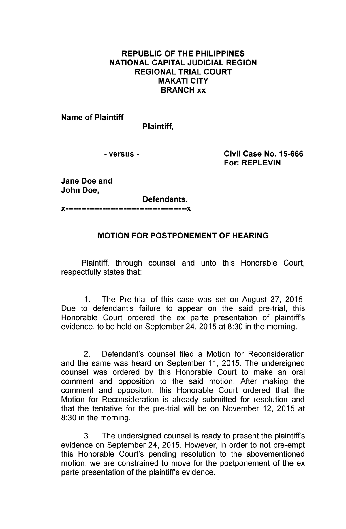 Motion For Postponement - REPUBLIC OF THE PHILIPPINES NATIONAL CAPITAL ...