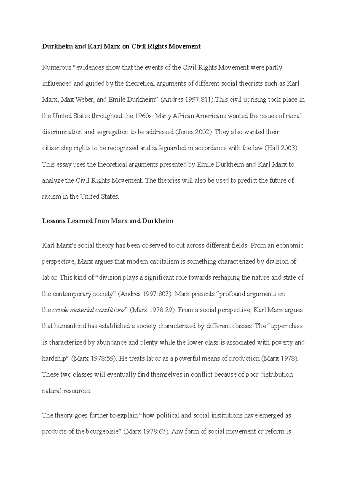Durkheim and Karl Marx on Civil Rights Movement - This civil uprising ...