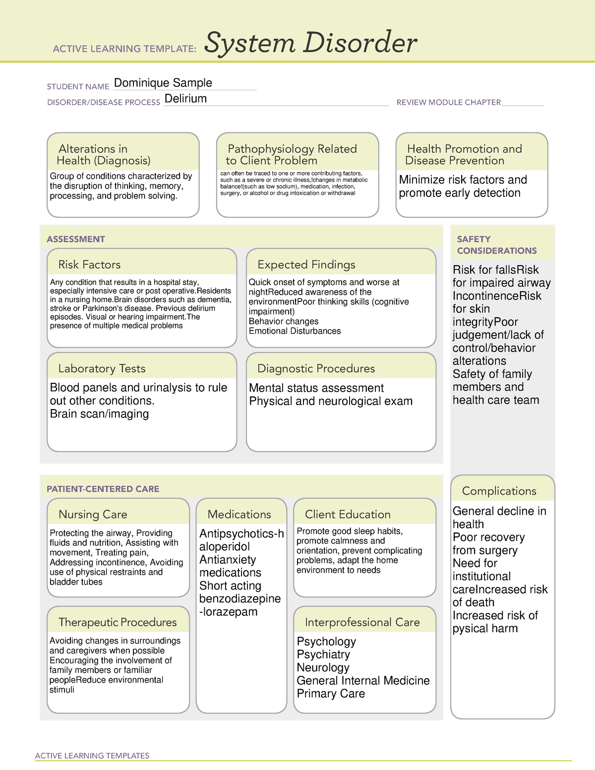 Delirium system disorder ACTIVE LEARNING TEMPLATES System Disorder
