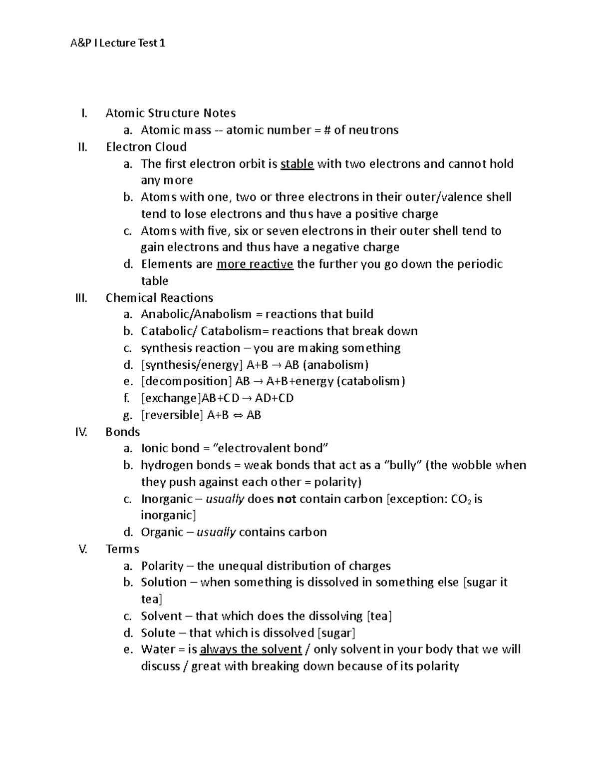 A&P Lecture Test 1 - A&P I Lecture Test 1 I. II. III. IV. V. Atomic ...