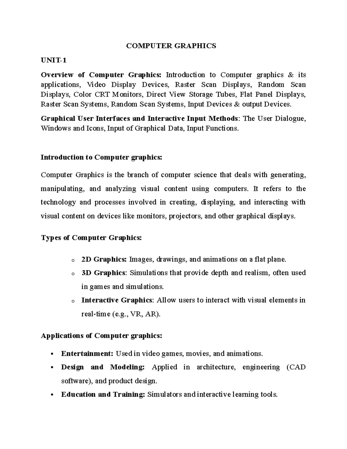 Computer Science - COMPUTER GRAPHICS UNIT- Overview of Computer ...