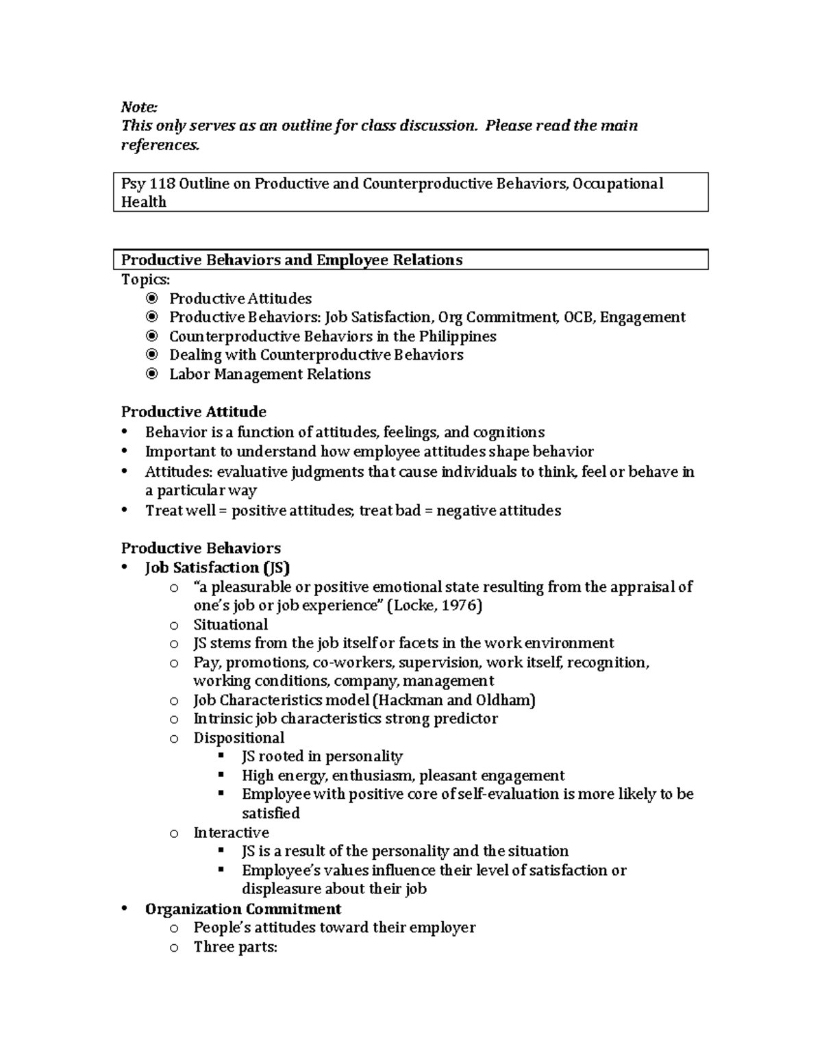 Psy 118 Outline on Productive, Counterproductive Behaviors ...
