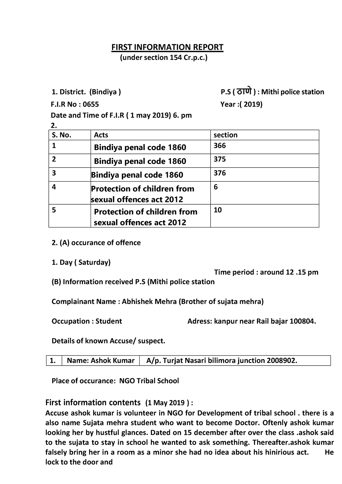 FIR Format 154 Crpc - FIRST INFORMATION REPORT (under Section 154 Cr.p ...